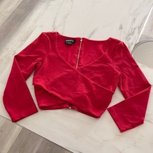 bebe Red Cropped 3/4 Sleeves Bodycon Fit Top